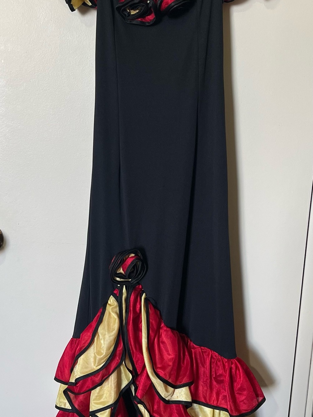 Black Ruffled Hem Maxi Skirt with Red & Gold Accents